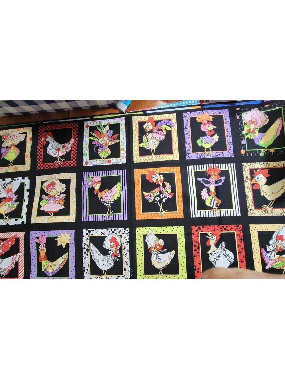 Loralie Chicken Chique Fabric 24" X44" Panel Black Farm Cotton Loralie Designs